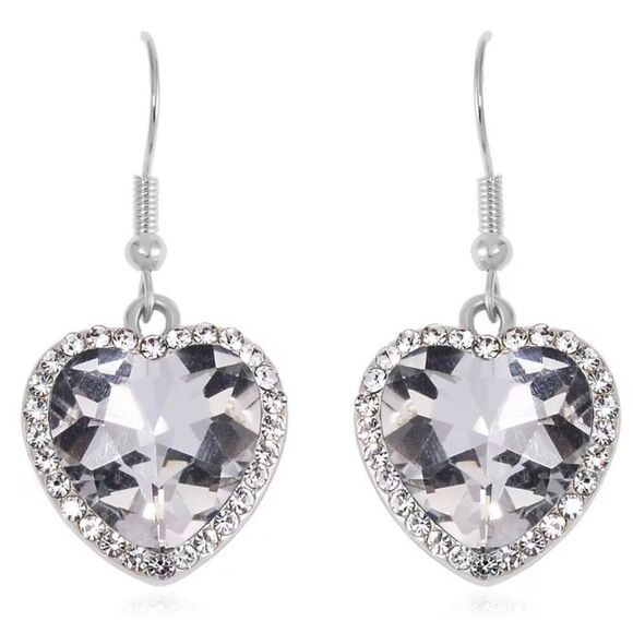 White Glass and Austrian Crystal Heart Bracelet (7.50-9.50In) and Earrings Set - Picture 3 of 8